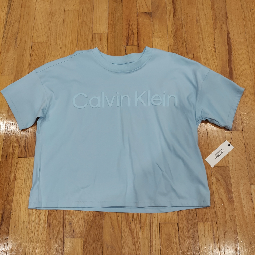 NWT Calvin Klein Light Blue Raised Logo Crop Top (Size: M, L)